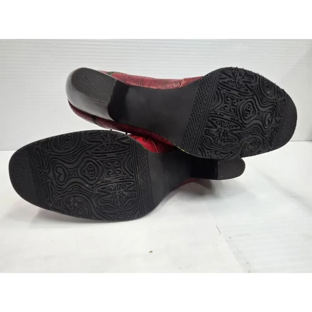 Red Paisley Heel Shoes Womens Size 39 US 8 Lace Up Leather Print Vintage Style - Picture 8 of 13